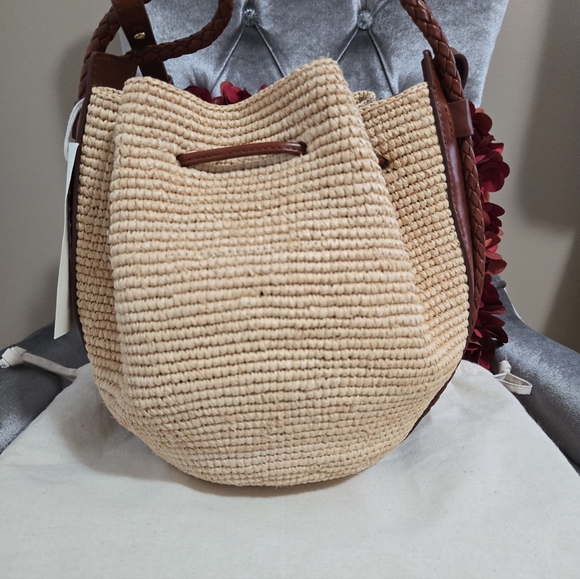 SEZANE  Woven Crochet Raffia & Leather Drawstring Crossbody Zelie Bucket Bag - Picture 9 of 11